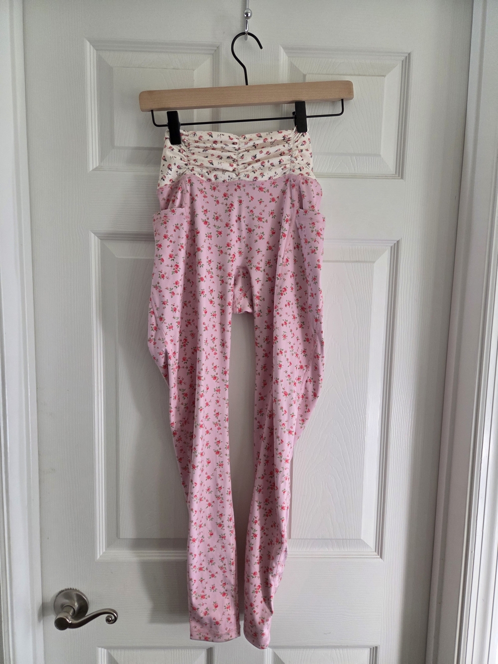 Floral Pink High-Waist Leggings with Cream Floral Waistband